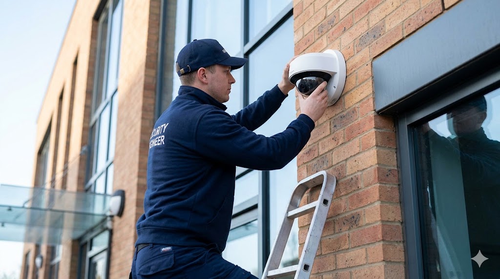 Security engineer installing a commercial CCTV dome camera on a business premises